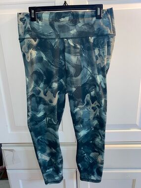 Fabletics PowerHold Capri Leggings in Teal, Blue and Gray Marble